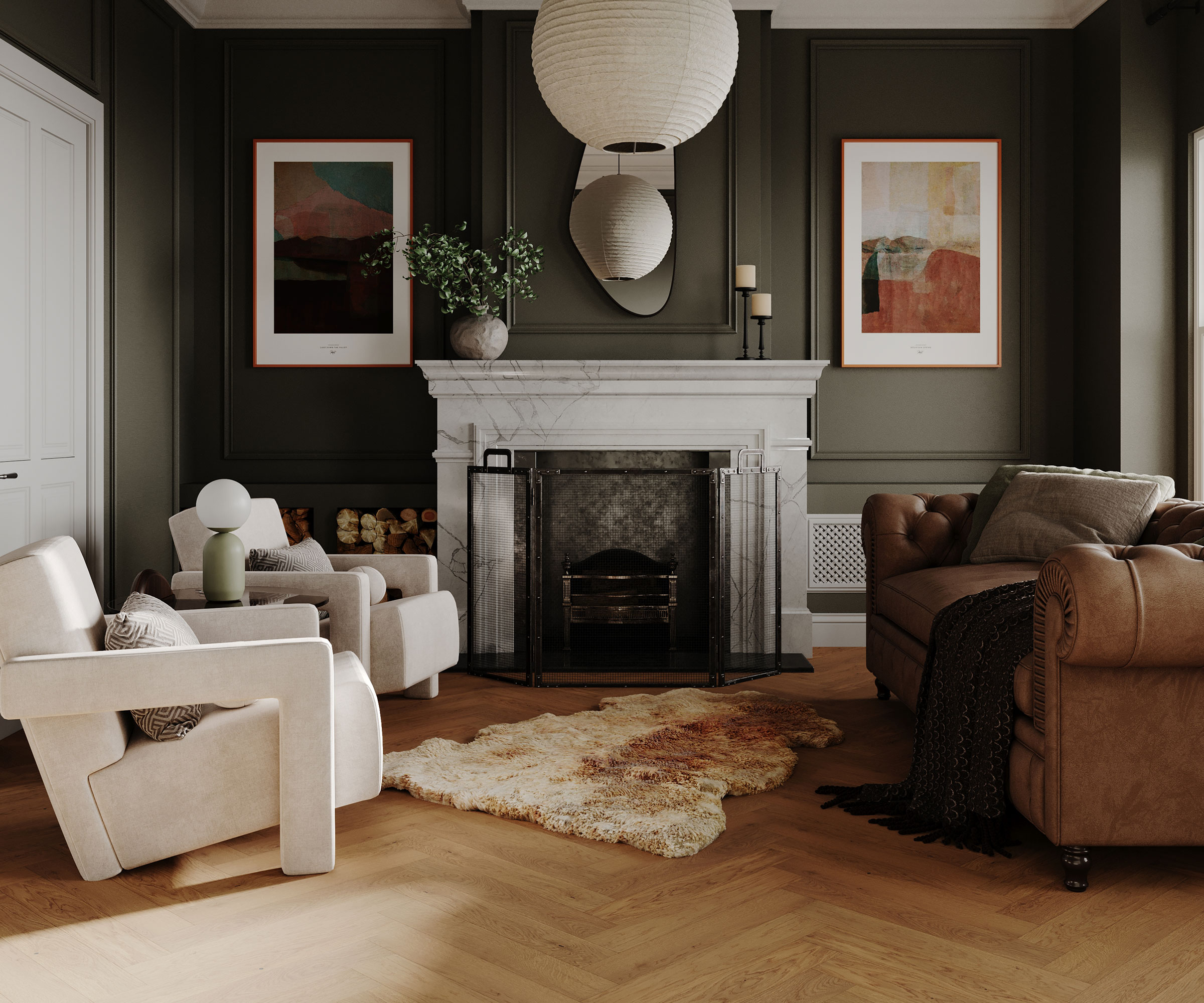 classic living room with herringbone flooring and marble fire surround with olive green walls