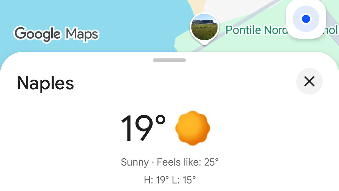 Google Maps screenshot showing the weather for Naples, Italy