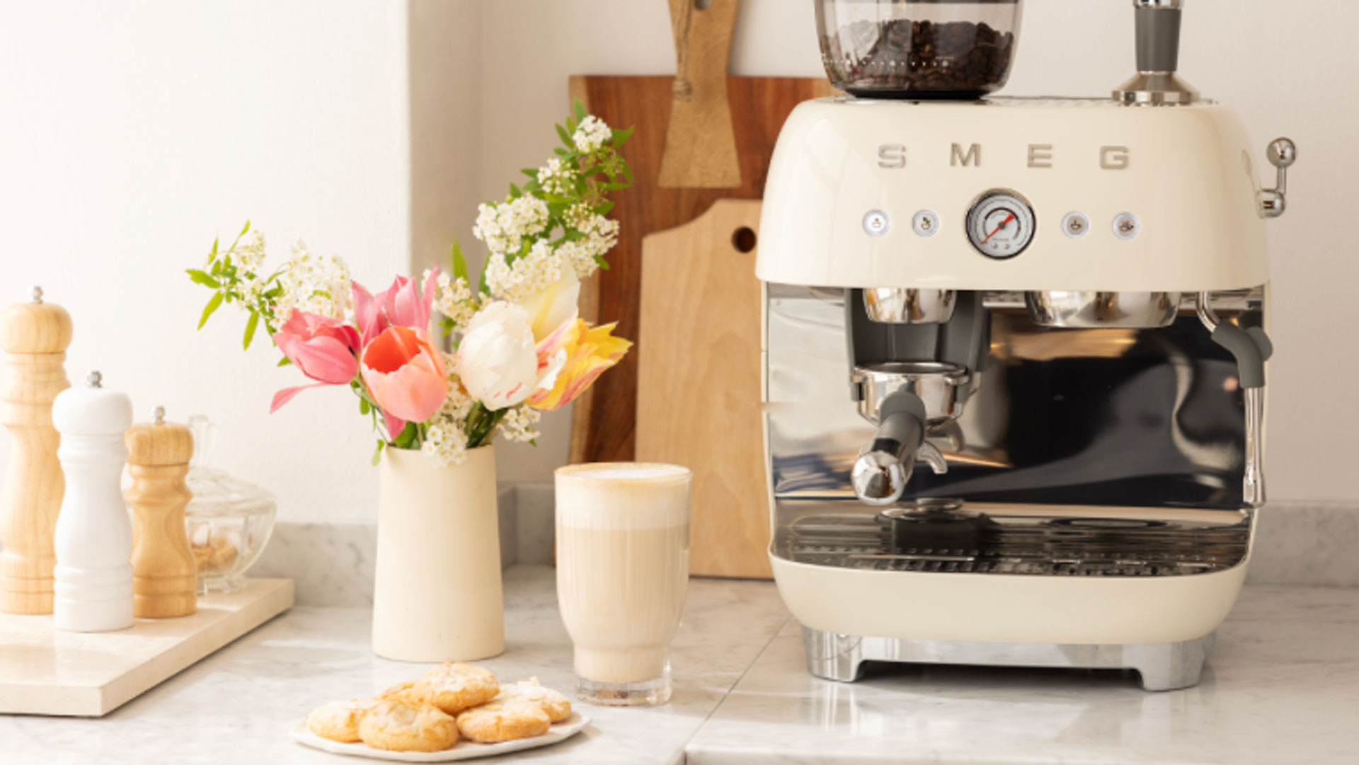 cream Smeg coffee machine on composite worktop