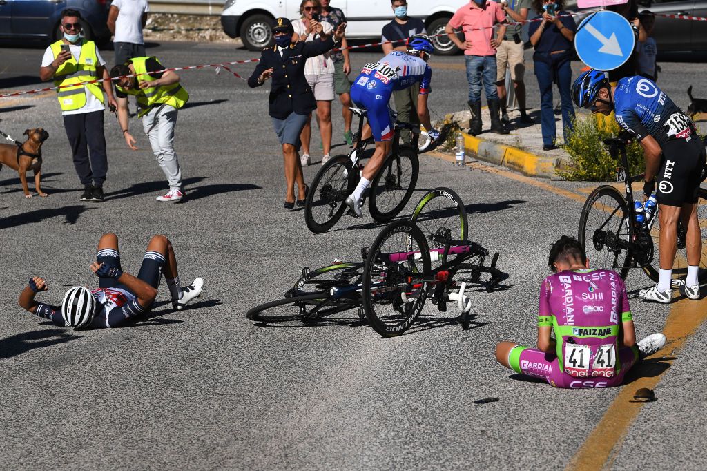 VIESTE ITALY OCTOBER 10 Gianluca Brambilla of Italy and Team Trek Segafredo Ramon Sinkeldam of The Netherlands and Team Groupama FDJ Giovanni Carboni of Italy and Team Bardiani CSF Faizane Danilo Wyss of Switzerland and NTT Pro Cycling Team Crash Injury during the 103rd Giro dItalia 2020 Stage Eight a 200km stage from Giovinazzo to ViesteGargano girodiitalia Giro on October 10 2020 in Vieste Italy Photo by Tim de WaeleGetty Images