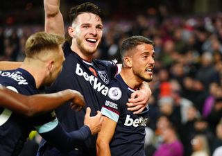 West Ham United’s Pablo Fornals (right) celebrates scoring their side’s third goal of the game with team-mate Declan Rice during the Premier League match at Villa Park, Birmingham. Picture date: Sunday October 31, 2021