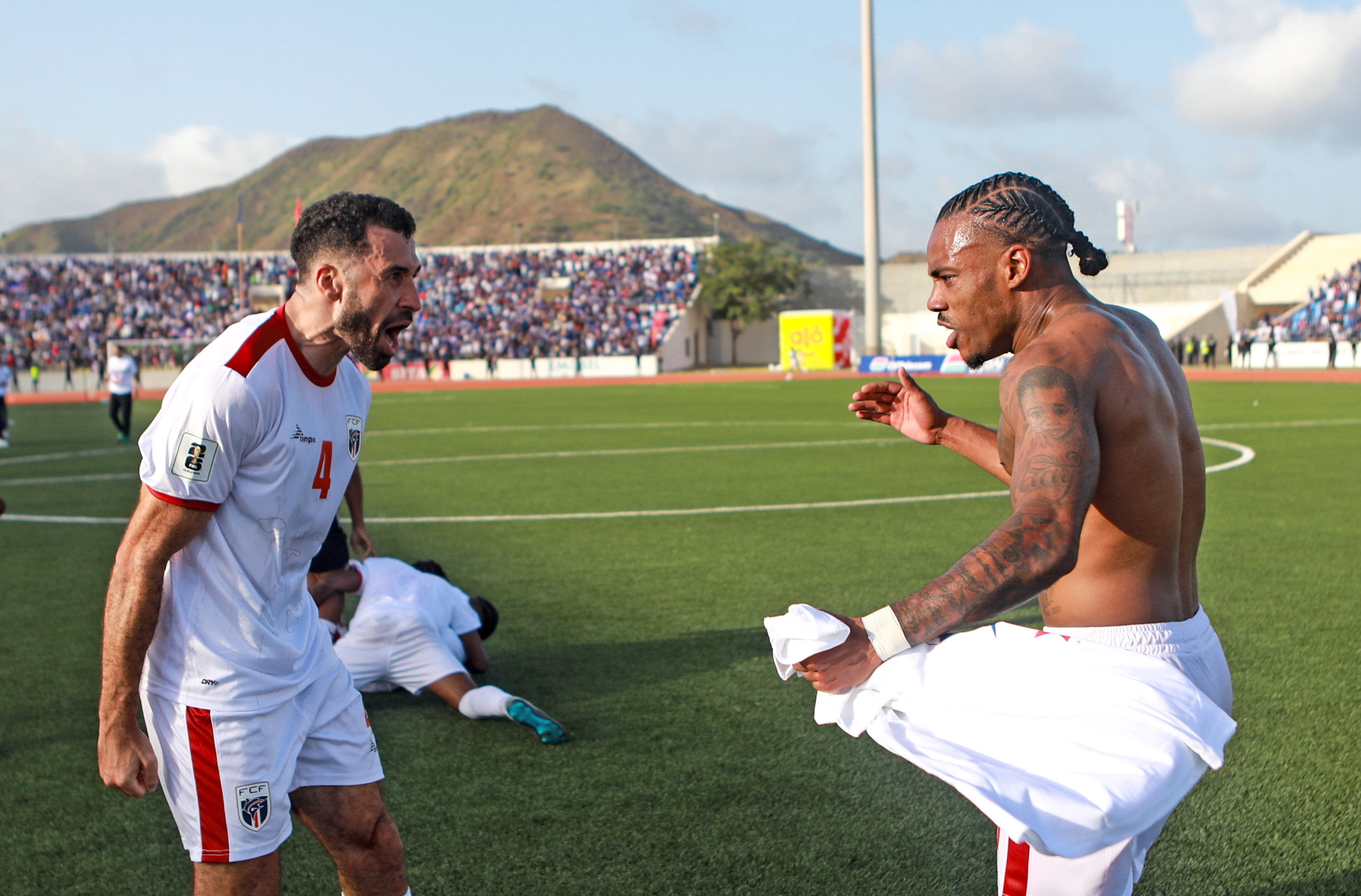 Praia , Cape Verde - 13 October 2025; Roberto Lopes, left, and Garry Rodrigues of Cape Verde celebrate their side&#039;s qualification for the 2026 FIFA World Cup after the FIFA World Cup 2026 African qualifying match between Cape Verde and Eswatini at Est&amp;aacute;dio Nacional de Cabo Verde in Praia, Cape Verde. (Photo By Cristiano Barbosa/Sportsfile via Getty Images)