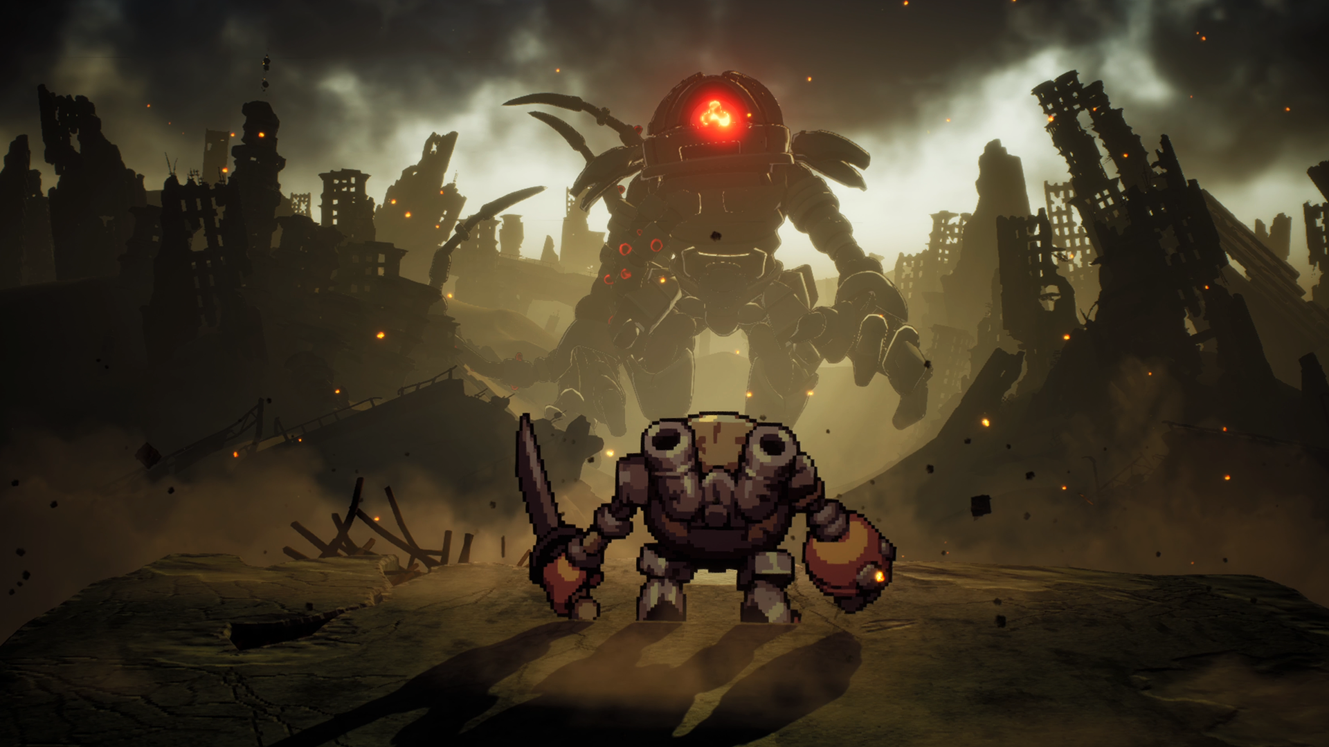 a small mech with a machete squares up ahainst a colossal robot, real david and goliath vibes