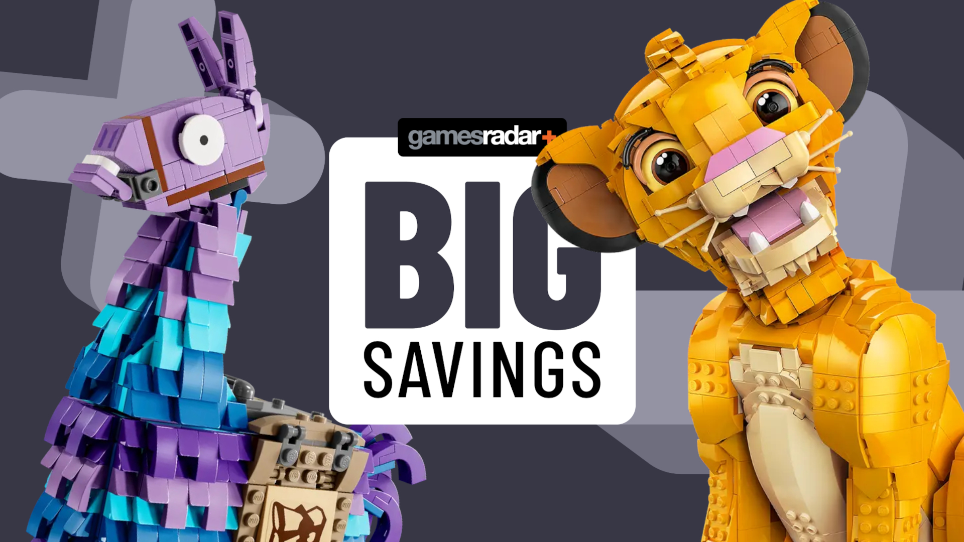 Lego Supply Llama and Young Simba kits on either side of a GamesRadar+ 'big savings' badge, all against a gray background
