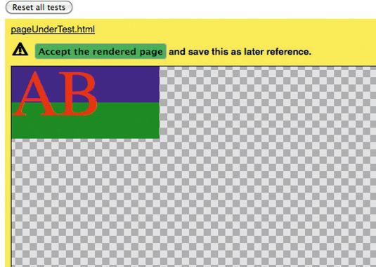 The default CSSCritic RegressionRunner.html. The page you are testing has been rendered and you can choose to save it as a reference image