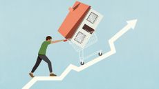 Illustration of a man pushing a house in a shopping cart up an ascending arrow