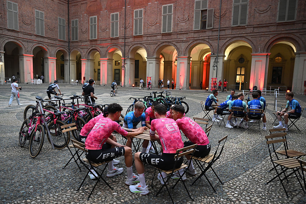 TURIN, ITALY - AUGUST 21: A general view of Market Beloki of Spain, Esteban Chaves of Colombia, Madis Mihkels of Estonia, Lukas Nerurkar of Great Britain, Sean Quinn of United States, Archie Ryan of Ireland, James Shaw of Great Britain, Jardi Christiaan van der Lee of Netherlands and Team EF Education - EasyPost during the La Vuelta - 80th Tour of Spain 2025, Team Presentation / #UCIWT / on August 21, 2025 in Turin, Italy. (Photo by Dario Belingheri/Getty Images)