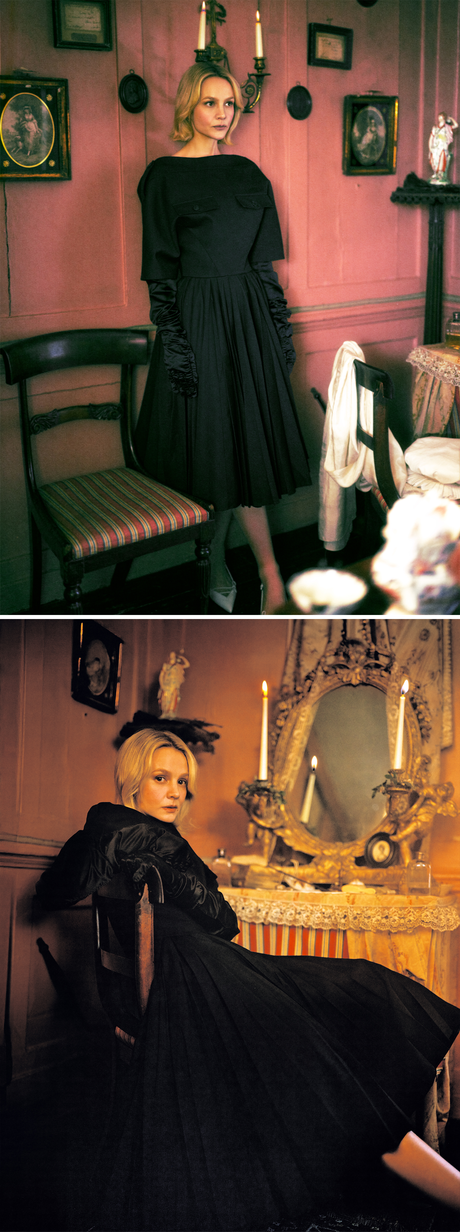Carey Mulligan for Who What Wear's April cover story wearing a black dress with a black feather in her hair posing in front of a pink wall and then posing in front of a vanity.