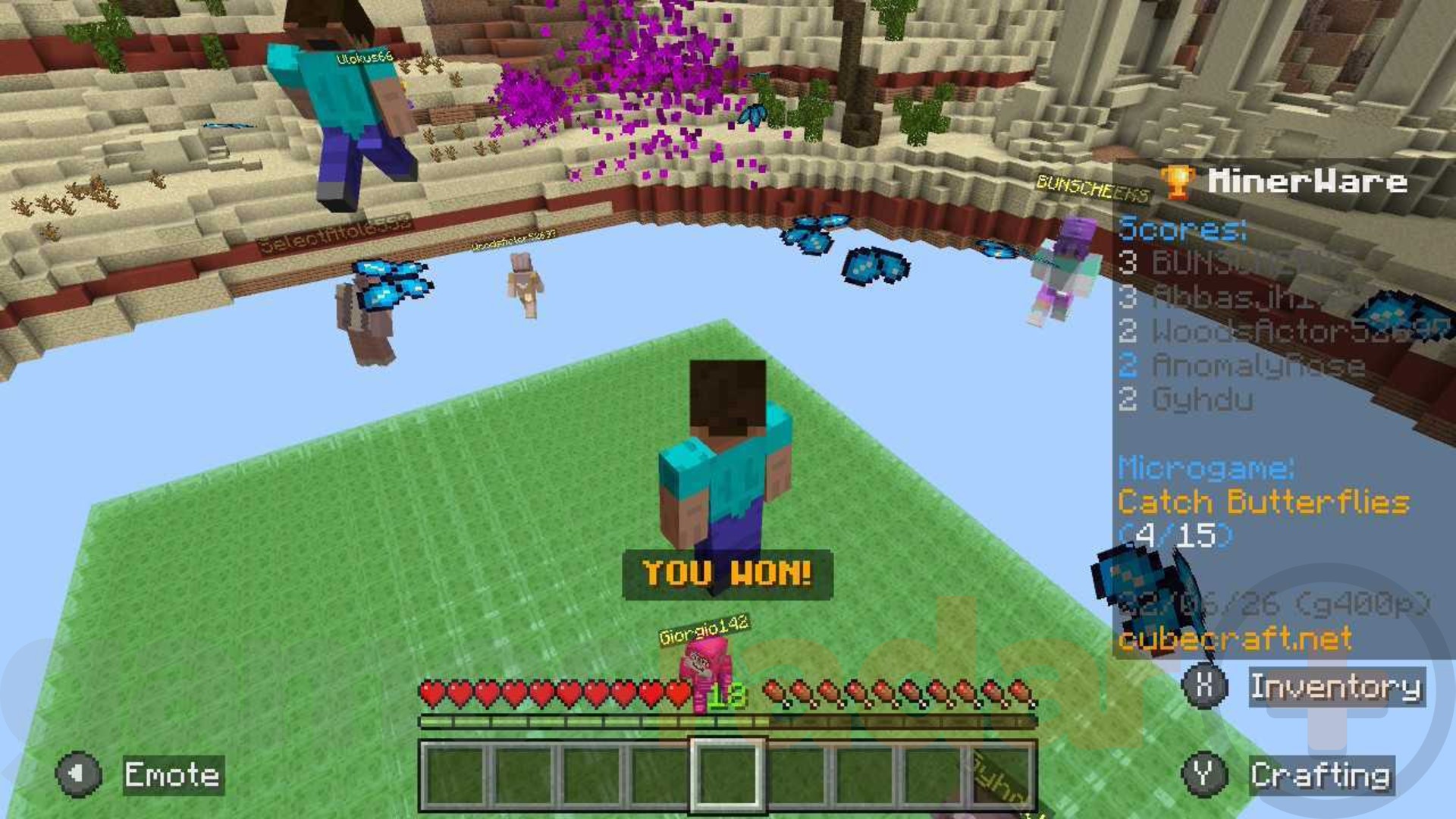 A player bounces on slime in a minigame in Cubecraft, one of the best Minecraft Bedrock servers.