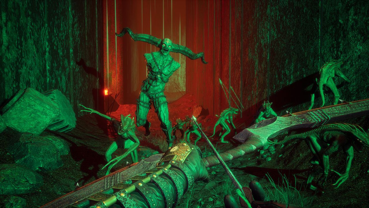 drawing a bow against a large horned demon in a sickly red and green hallway