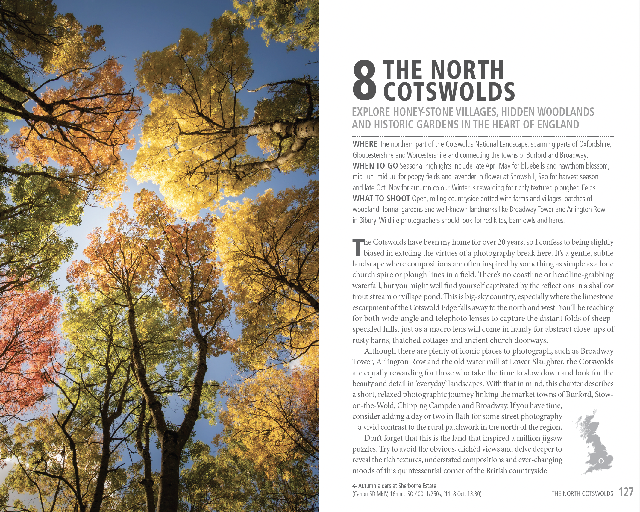 Photo of pages 126-127 from Photography Weekends Britain by William Gray, a chapter about the North Cotswolds in England, UK. The book is published by Bradt Guides and is on sale now.