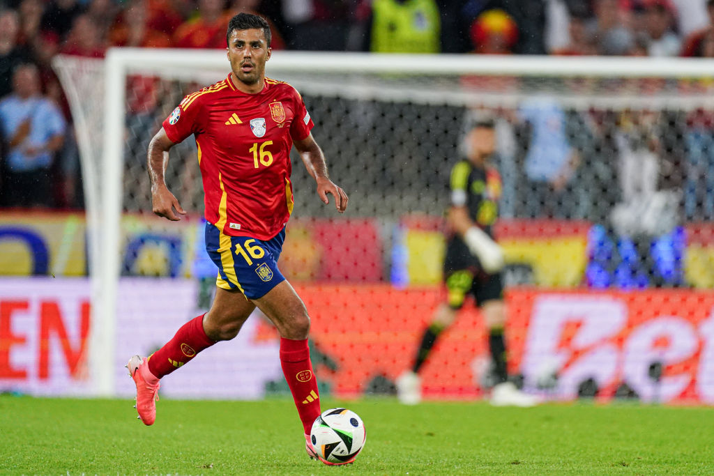 Spain Euro 2024 squad COLOGNE, GERMANY - JUNE 30: Rodri of Spain dribbles during the Round of 16 - UEFA EURO 2024 match between Spain and Georgia at Cologne Stadium on June 30, 2024 in Cologne, Germany. (Photo by Joris Verwijst/BSR Agency/Getty Images)