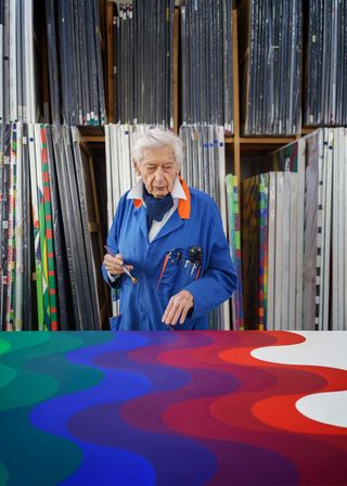 Julio Le Parc, photographed in his studio in Cachan in February 2020, with artworks from his Surface-couleur series