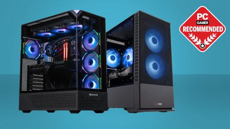 An iBuyPower and ABS gaming PC on a custom PC Gamer Recommended background.