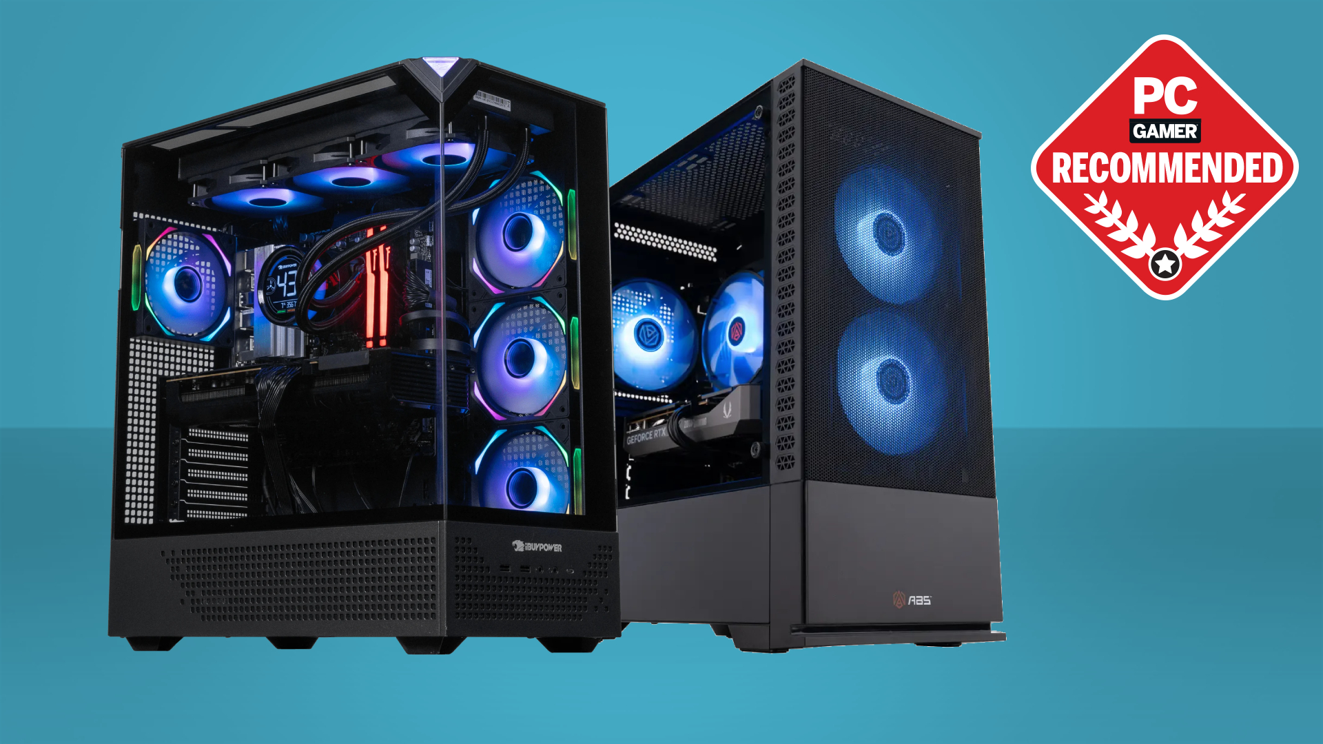 An iBuyPower and ABS gaming PC on a custom PC Gamer Recommended background.