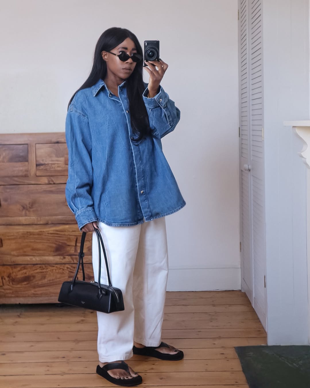 Lois in jean top and white denim