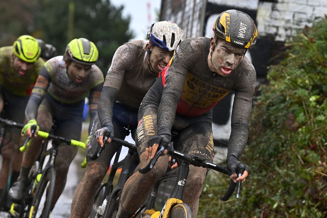 Wout van Aert leading chase group at 2021 Paris-Roubaix