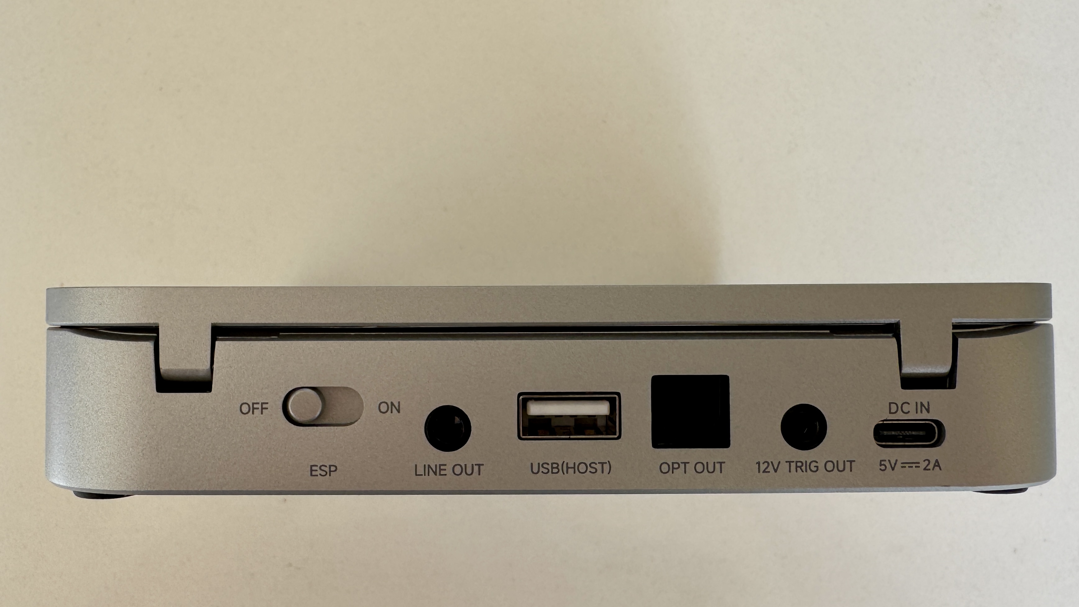Rear panel of the Fosi Audi Merak CD player, showing various USB-A, USB-C, line-out connections and on/off switch.