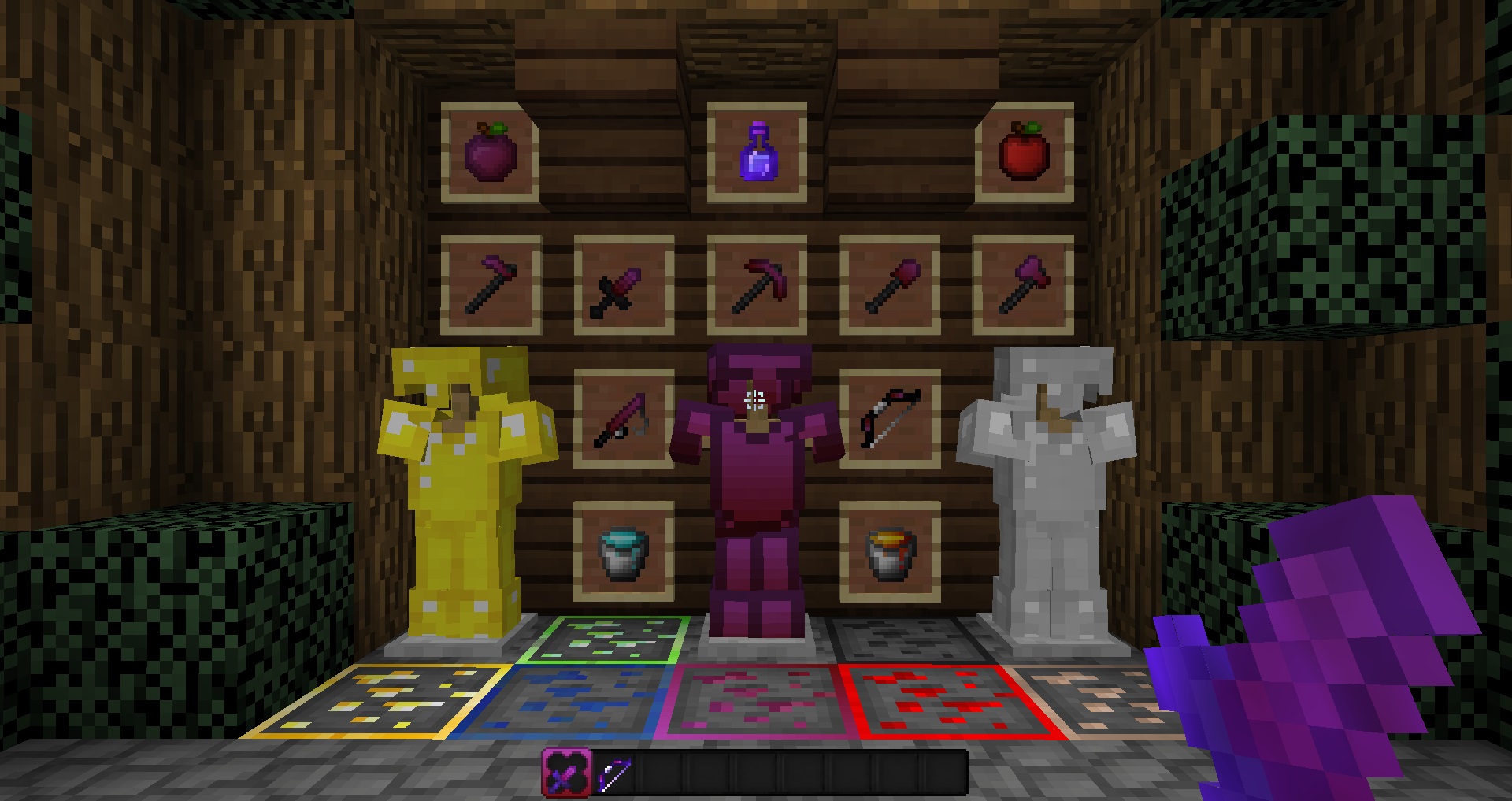 Minecraft pvp texture pack: Colb's Dragonfruit - A player holds a very small purple sword while looking at ore blocks with colorful outlines and three sets of armor