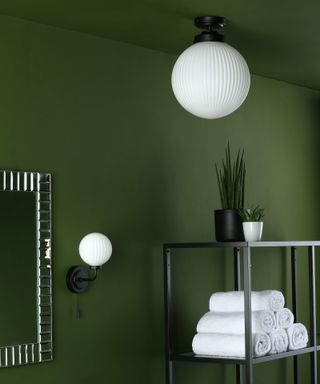 Alrik flush and wall light by där lighting in green bathroom