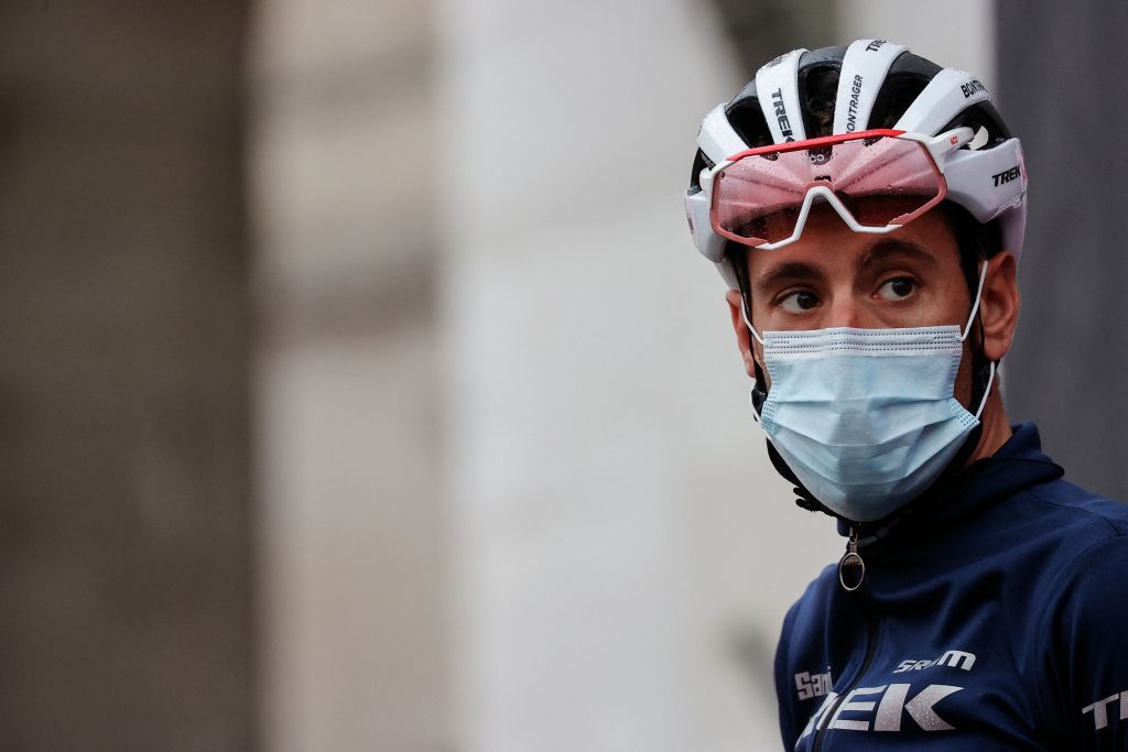 Team TrekSegafredo rider Italys Vincenzo Nibali stands on the presentation podium prior to take the start of the fourth stage of the Giro dItalia 2021 cycling race 187 km between Piacenza and Sestola EmiliaRomagna on May 11 2021 Photo by Luca Bettini AFP Photo by LUCA BETTINIAFP via Getty Images