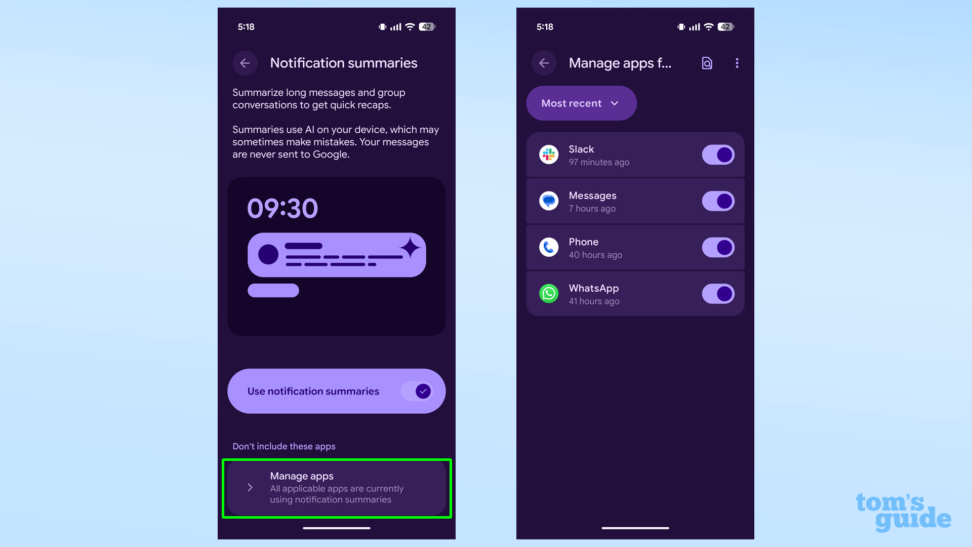 Pixel AI notification summary management options