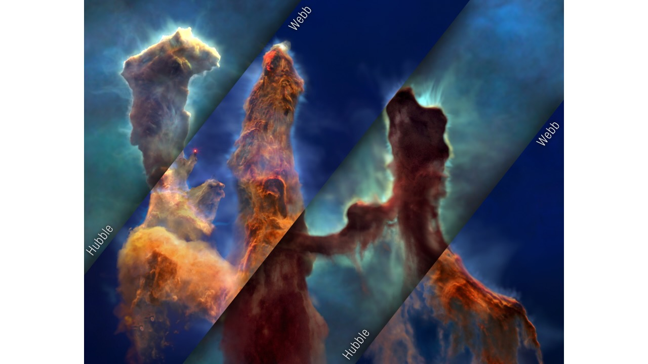 Three tall columns of cosmic gas and dust glow orange and red in deep space.
