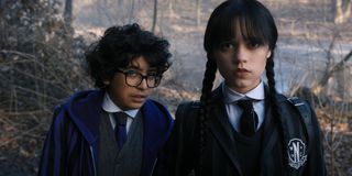 Wednesday season 2: Moosa Mostafa as Eugene Otinger, Jenna Ortega as Wednesday Addams.