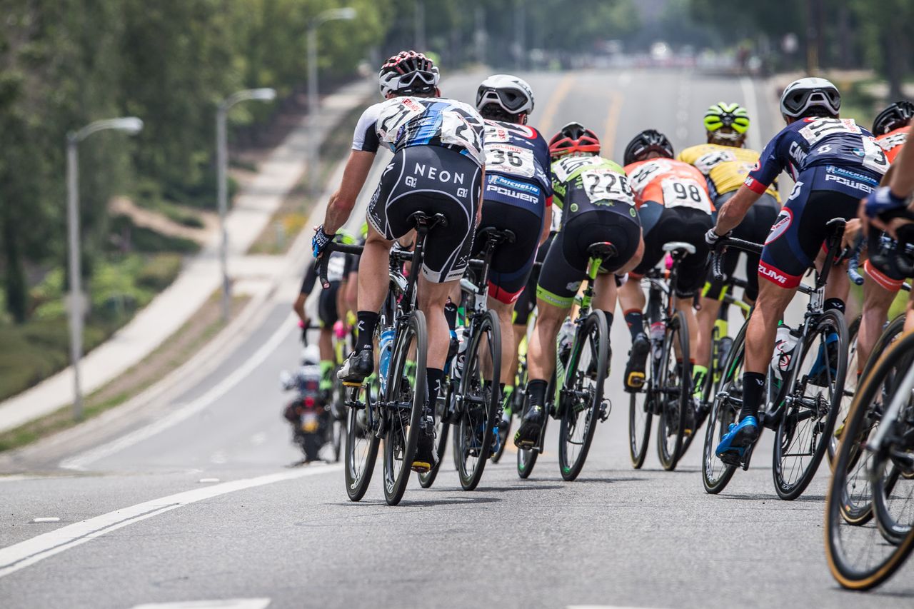 Riders corner onto the descent