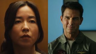 Jane (Maya Erskine) looks at John on Mr. and Mrs. Smith and Maverick smirks during a briefing in Top Gun: Maverick