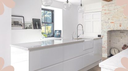 glossy white kitchen with narrow kitchen island to show smart small kitchen storage ideas to maximize space