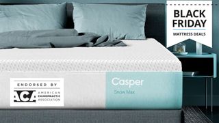 The Casper Snow Max mattress on a bed frame with a Black Friday deals badge