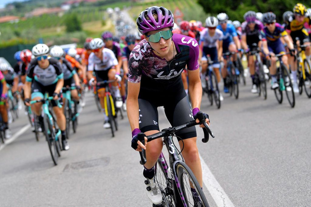 PUEGNAGO DEL GARDA ITALY JULY 08 Sabrina Stultiens of Netherlands and Team Liv Racing attack in breakaway during the 32nd Giro dItalia Internazionale Femminile 2021 Stage 7 a 1096km stage from Soprazocco di Gavardo to Puegnago Del Garda 219m GiroDonne UCIWWT on July 08 2021 in Puegnago del Garda Italy Photo by Luc ClaessenGetty Images
