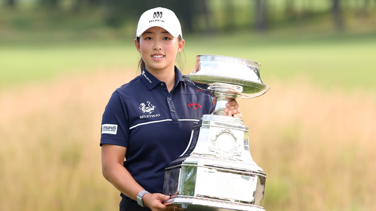 Ruoning Yin with the KPMG Women&#039;s PGA Championship trophy