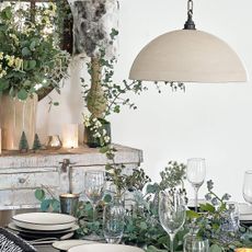 White dining room with foliage and pendant light