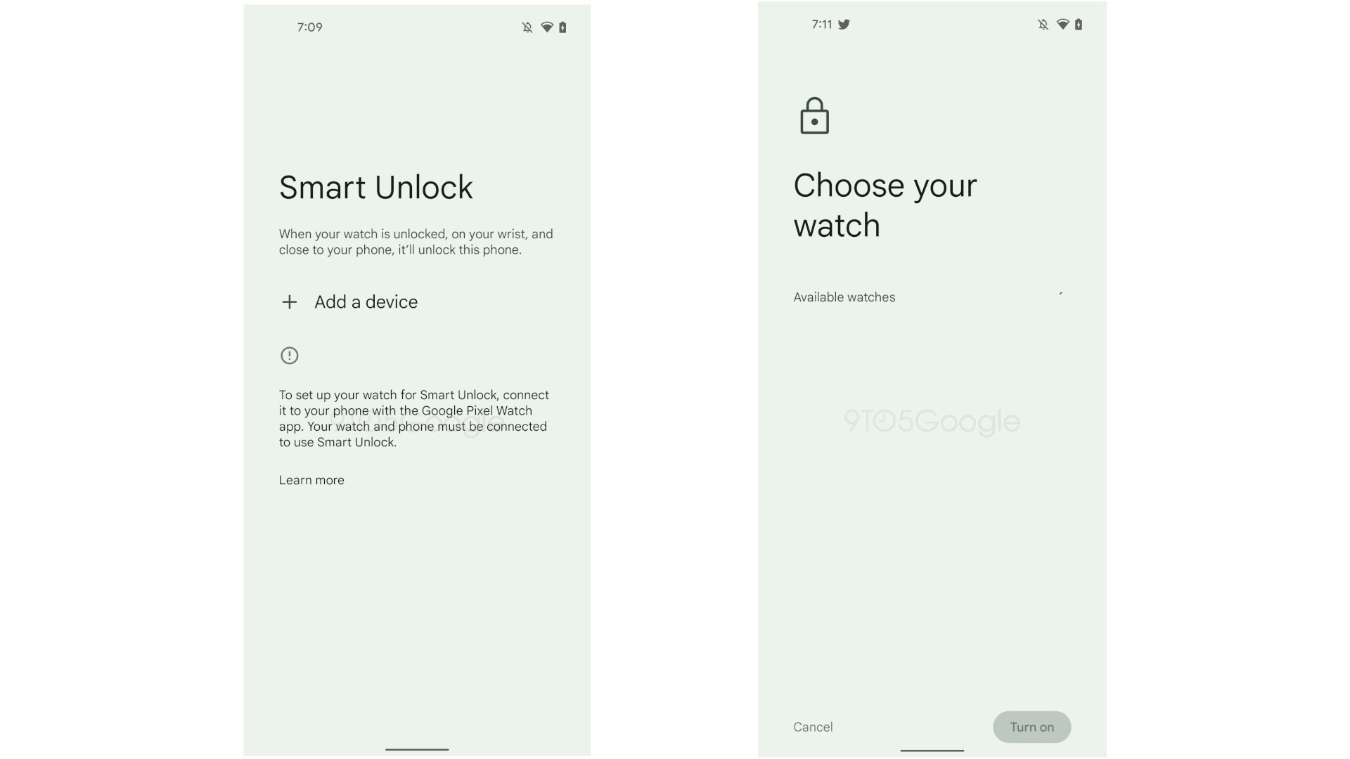 Android phone screenshots showing Smart Unlock and the option to add a watch to support it