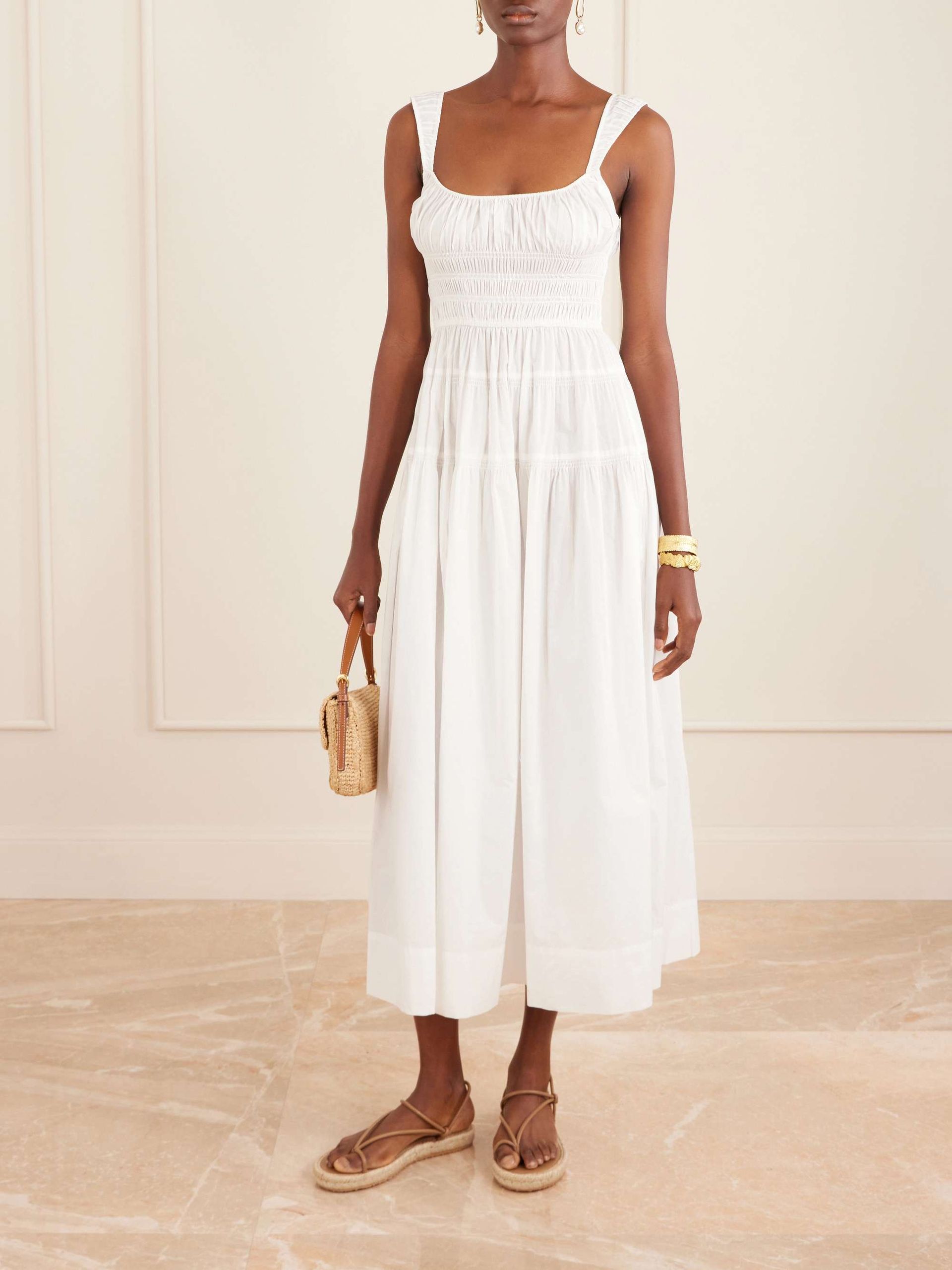 Clover Shirred Organic Cotton-Poplin Midi Dress