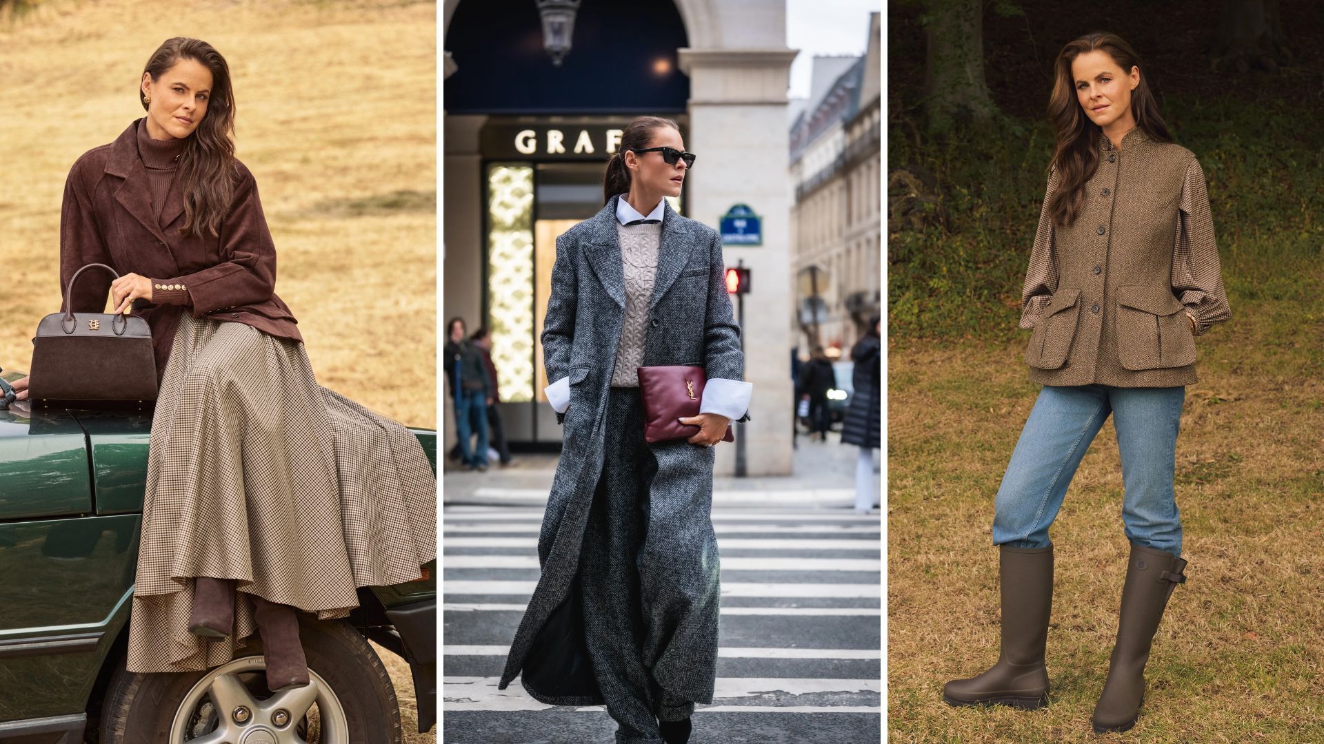 Three images of Jade Holland Cooper wearing Holland Cooper