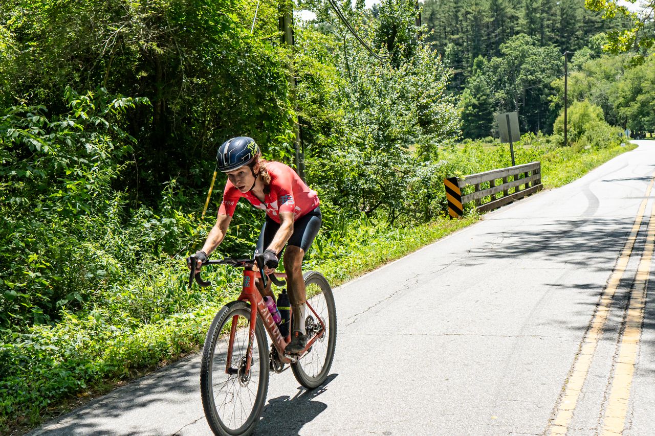 Lauren De Crescenzo rides solo on one of the long climbs