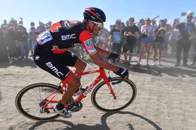 Greg Van Avermaet made his way back from an early puncture to rejoin the main group midway through Paris-Roubaix.