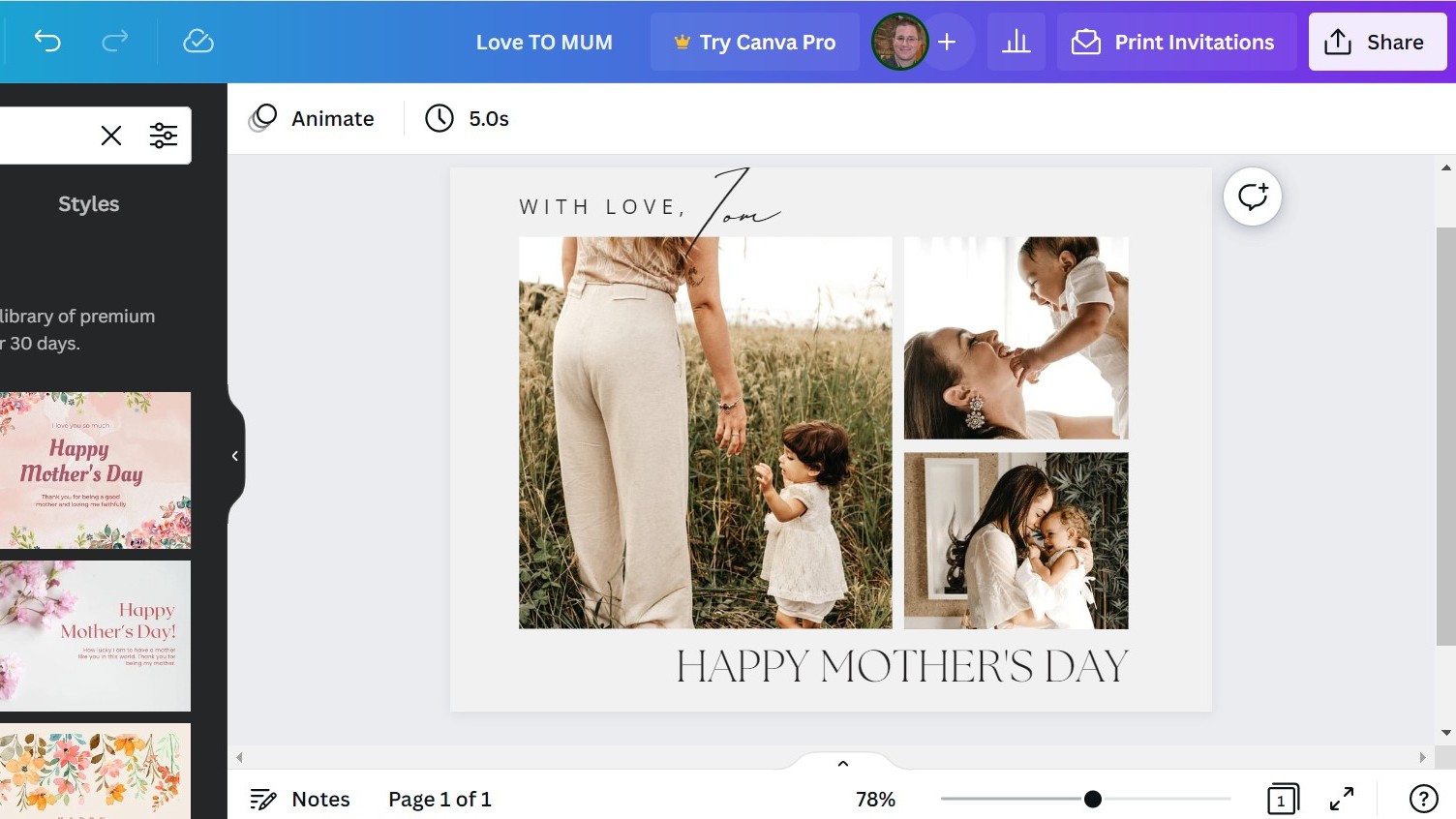 Mother's day card being edited in Canva interface