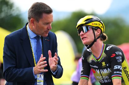 PRAZ-SUR-ARLY, FRANCE - AUGUST 03: (L-R) President of the UCI, David Lappartient and Marianne Vos of Netherlands and Team Visma | Lease a Bike prior to the 4th Tour de France Femmes 2025, Stage 9 a 124.1km stage from Praz-sur-Arly to Chatel Les Portes du Soleilon 1298m / #UCIWWT / August 03, 2025 in Praz-sur-Arly, France. (Photo by Tim de Waele/Getty Images)