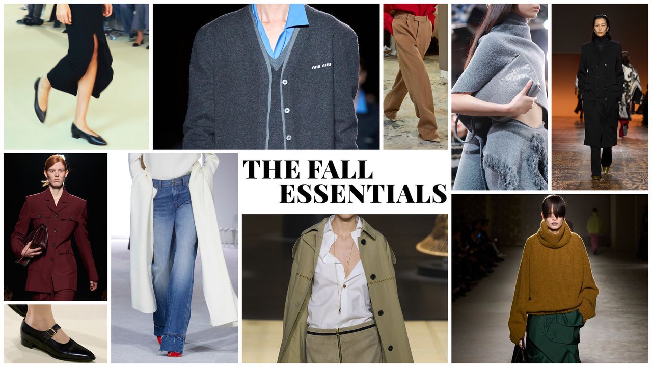 Future graphic of fall essentials like trench coats, maxi coats, white button downs and ballet flats