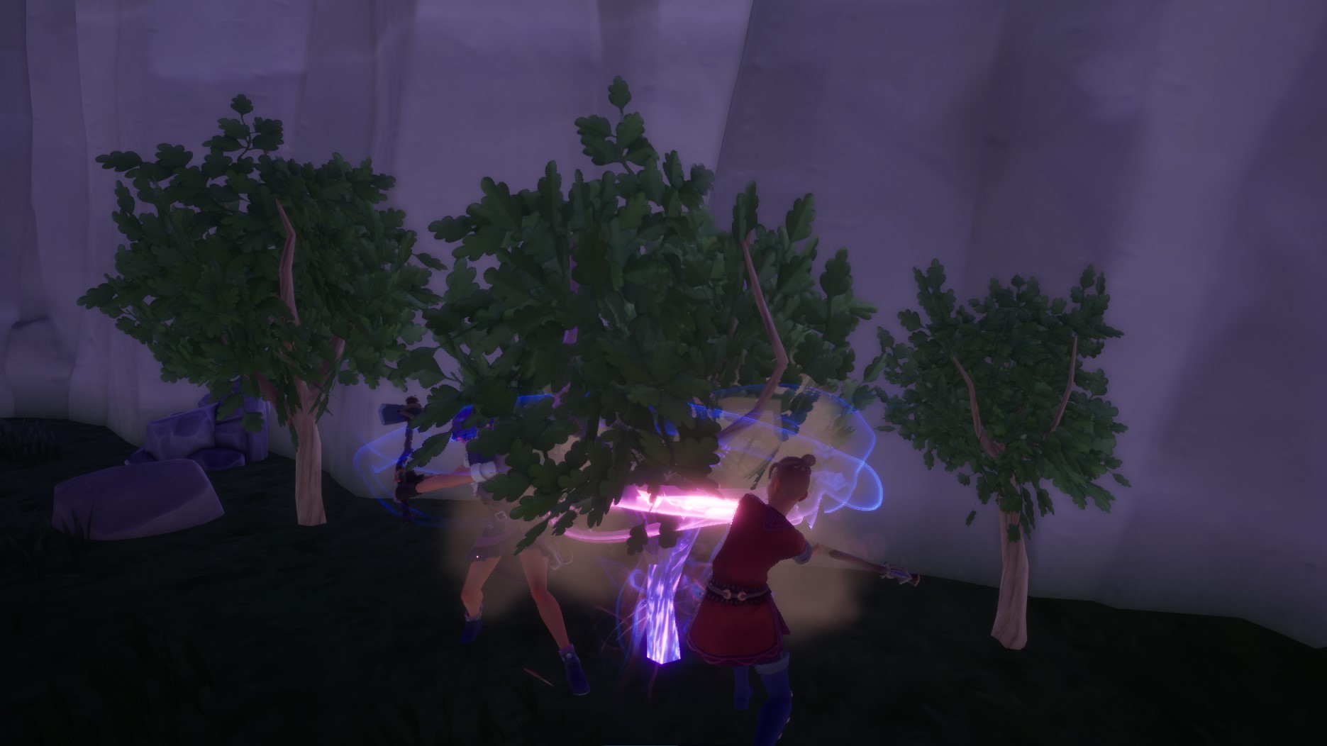 Palia - two players swing axes at a tree with a glowing purple trunk