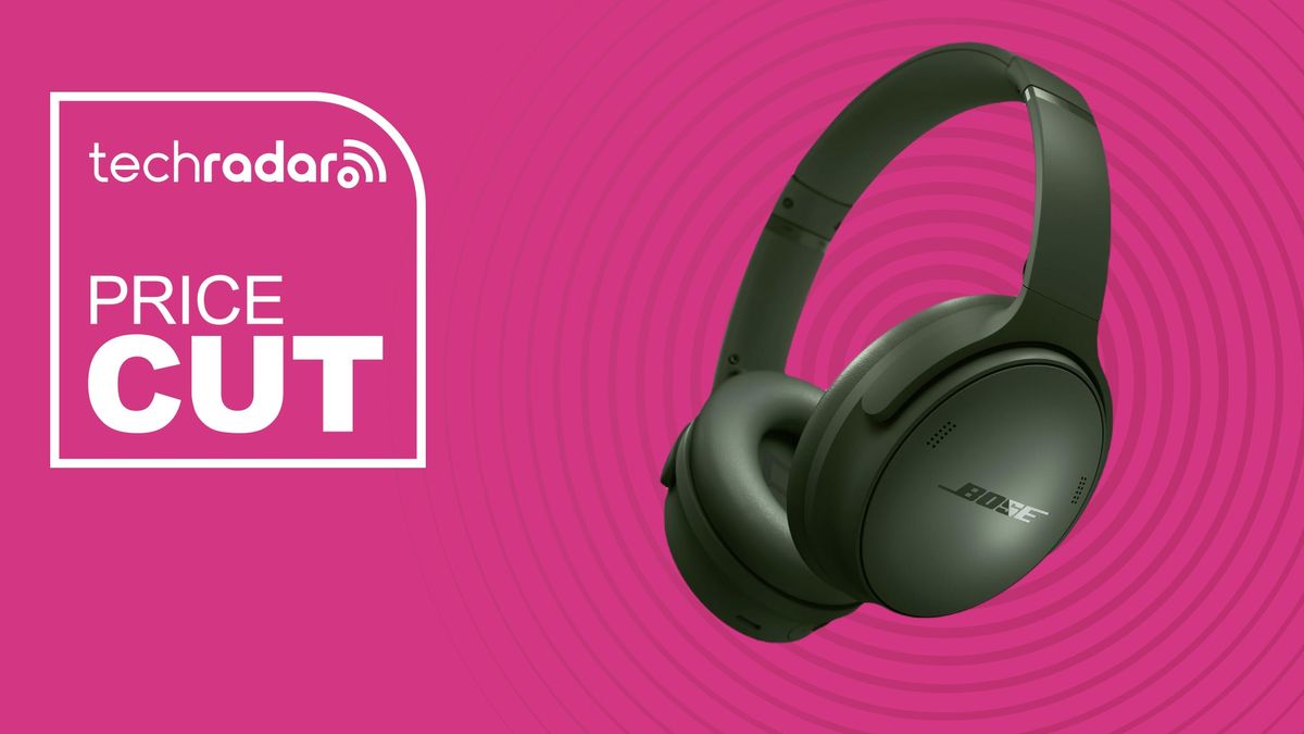 bose quietcomfort headphones in black against a pink background with price cut message and techradar branding