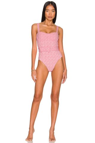 pink patterned one piece swimsuit