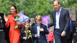 Catherine, Duchess of Cambridge, Prince William, Duke of Cambridge, Princess Charlotte of Cambridge and Prince George of Cambridge visit Cardiff Castle