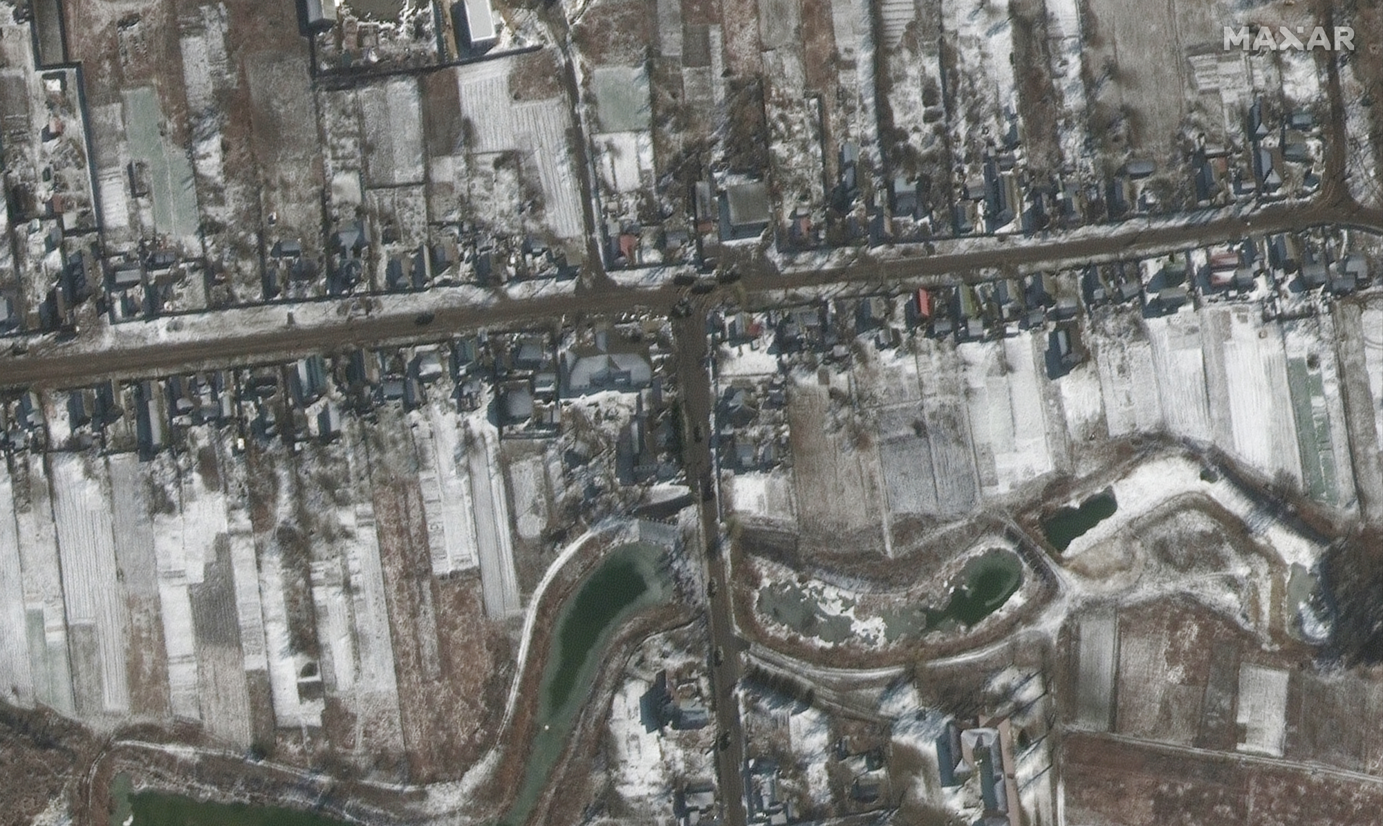 Troops and military vehicles deployed in Ozera, northeast of Antonov Airport near Kyiv, Ukraine are visible in this Maxar satellite image taken on March 10, 2022.