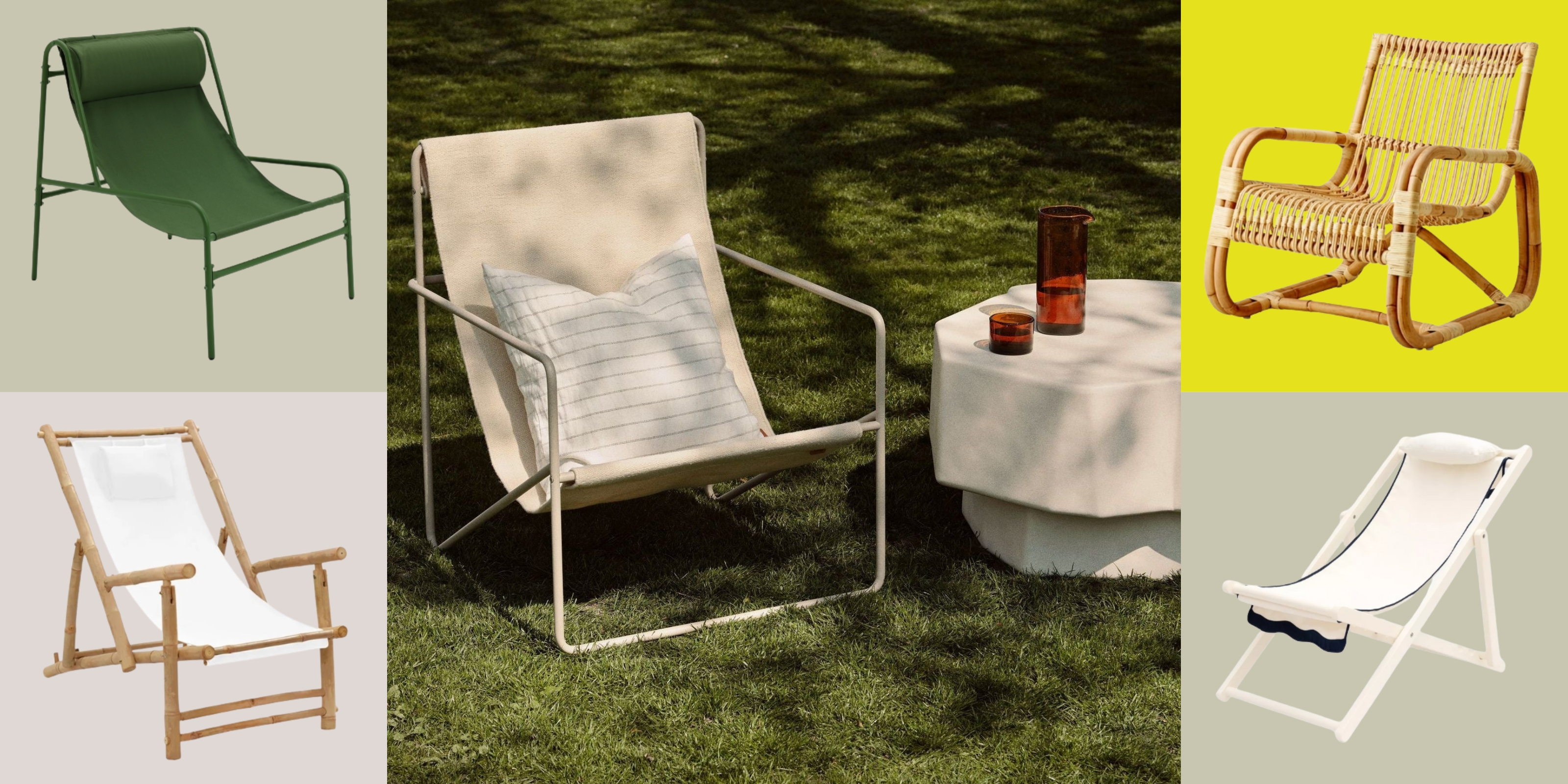 Image of a canvas sling-back chair in a yard with a beige, stone side table next to it. There are four product boxes around the center image each with a different sling-back chair in them.