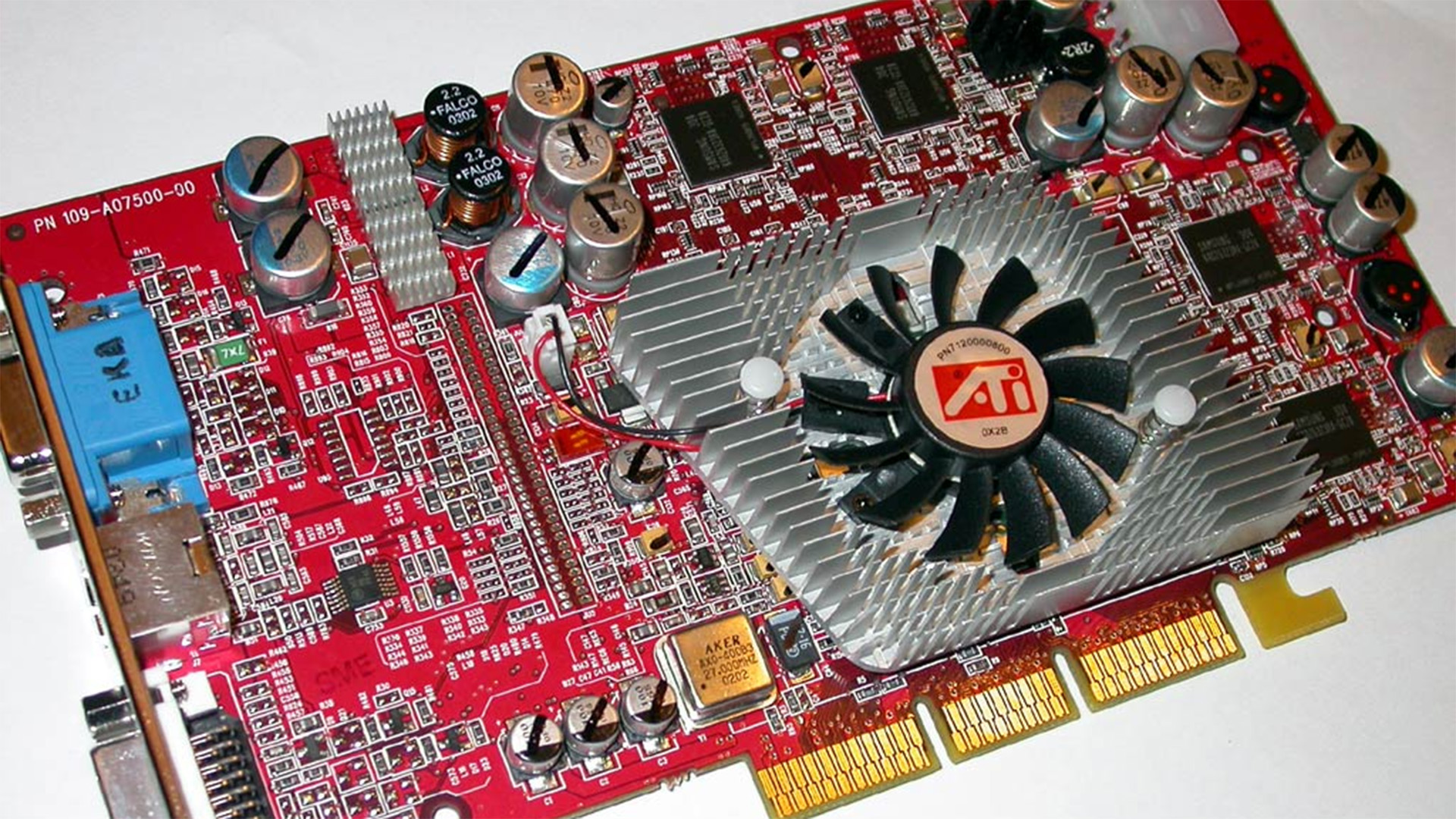 An AMD Radeon 9800 Pro graphics card.